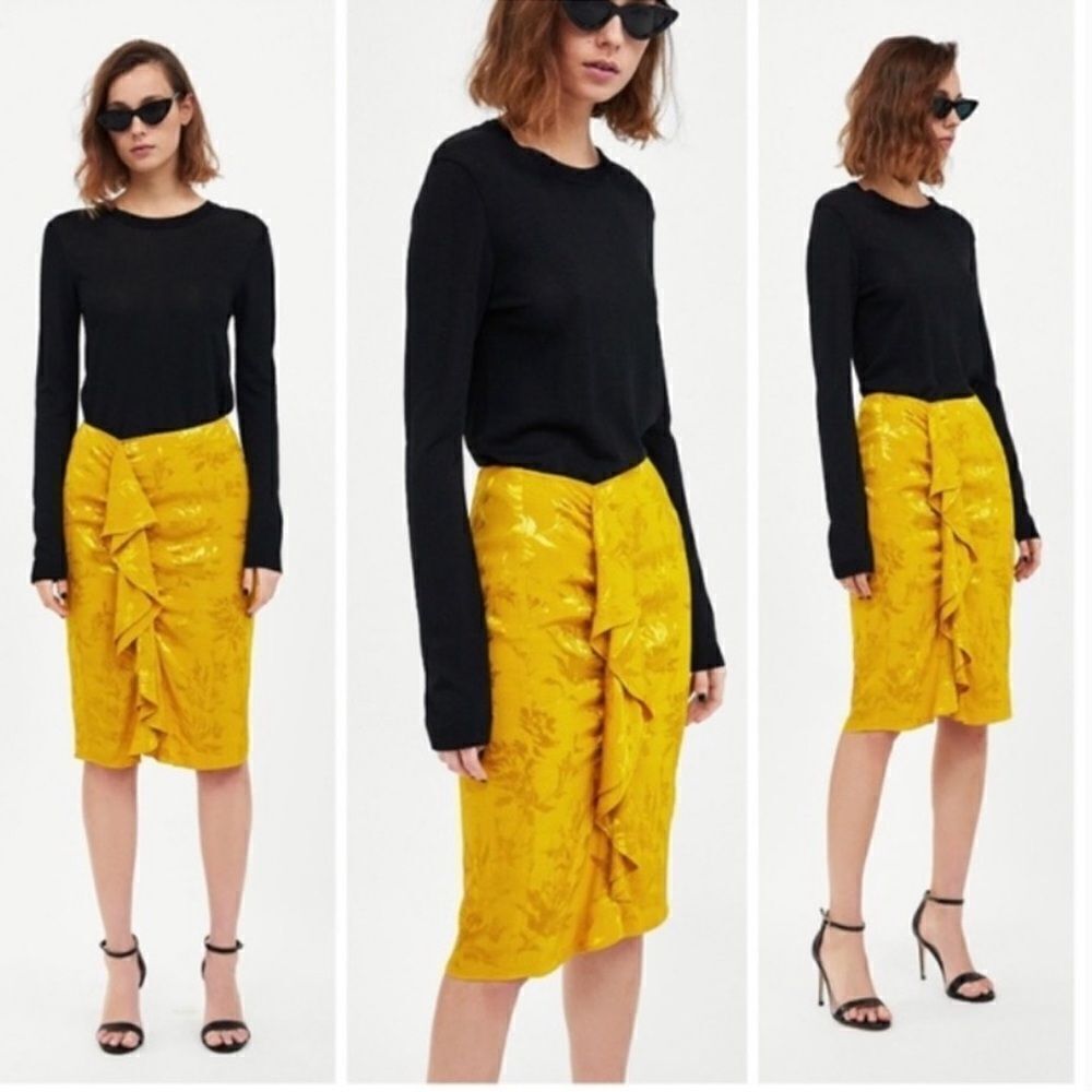 Zara Basic Yellow Floral Jacquard Pencil Skirt NEW Size XS‎